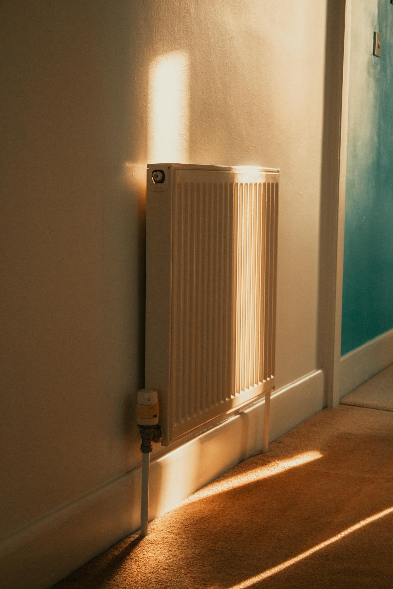 A wall-mounted radiator warmly lit by sunlight in a cozy indoor setting.